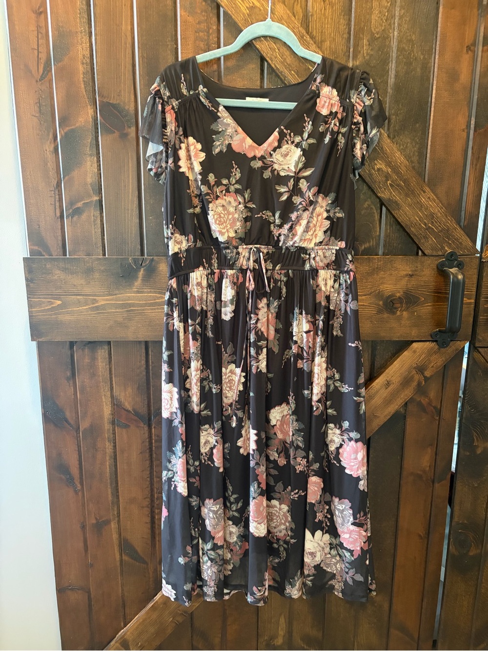 Maurices Black Floral V-Neck Midi Dress with Pink Blooms